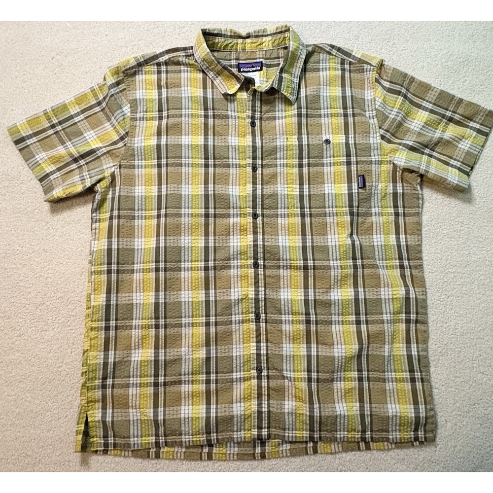Patagonia Button Up Shirt Puckerware Seersucker Plaid Check Short Sleeve XL